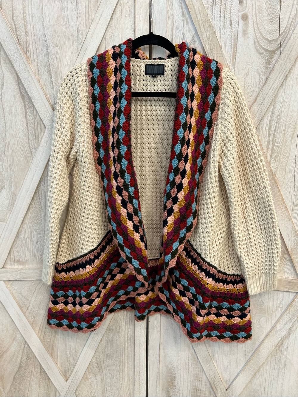 Bar III Cream Open-Front Cardigan with Multicolor Diamond Trim